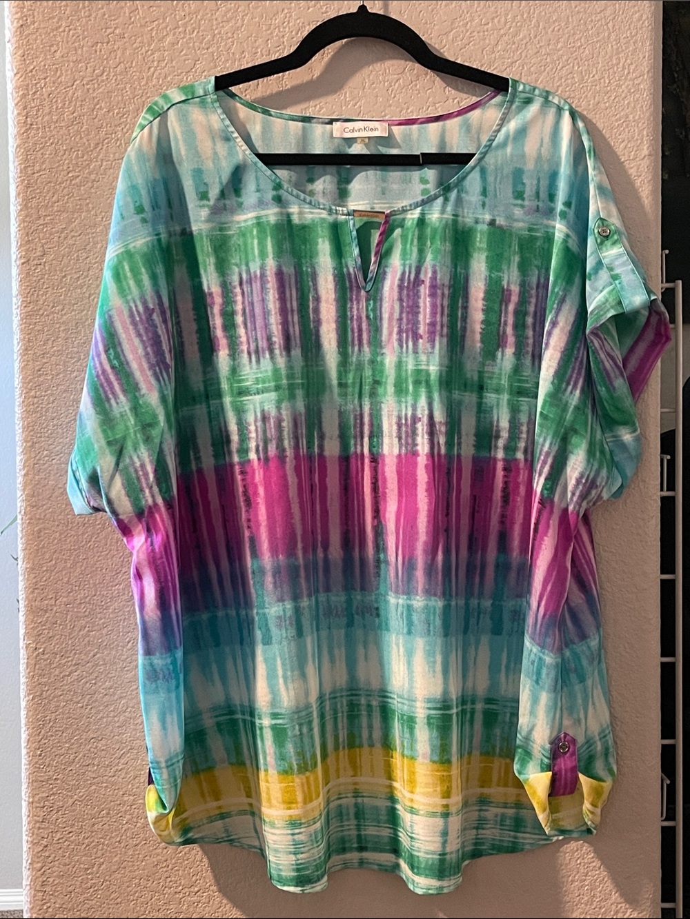 Calvin Klein Women’s Multicolor Tie-Dye Short Sleeve Top - Green/Pink/Blue 3X